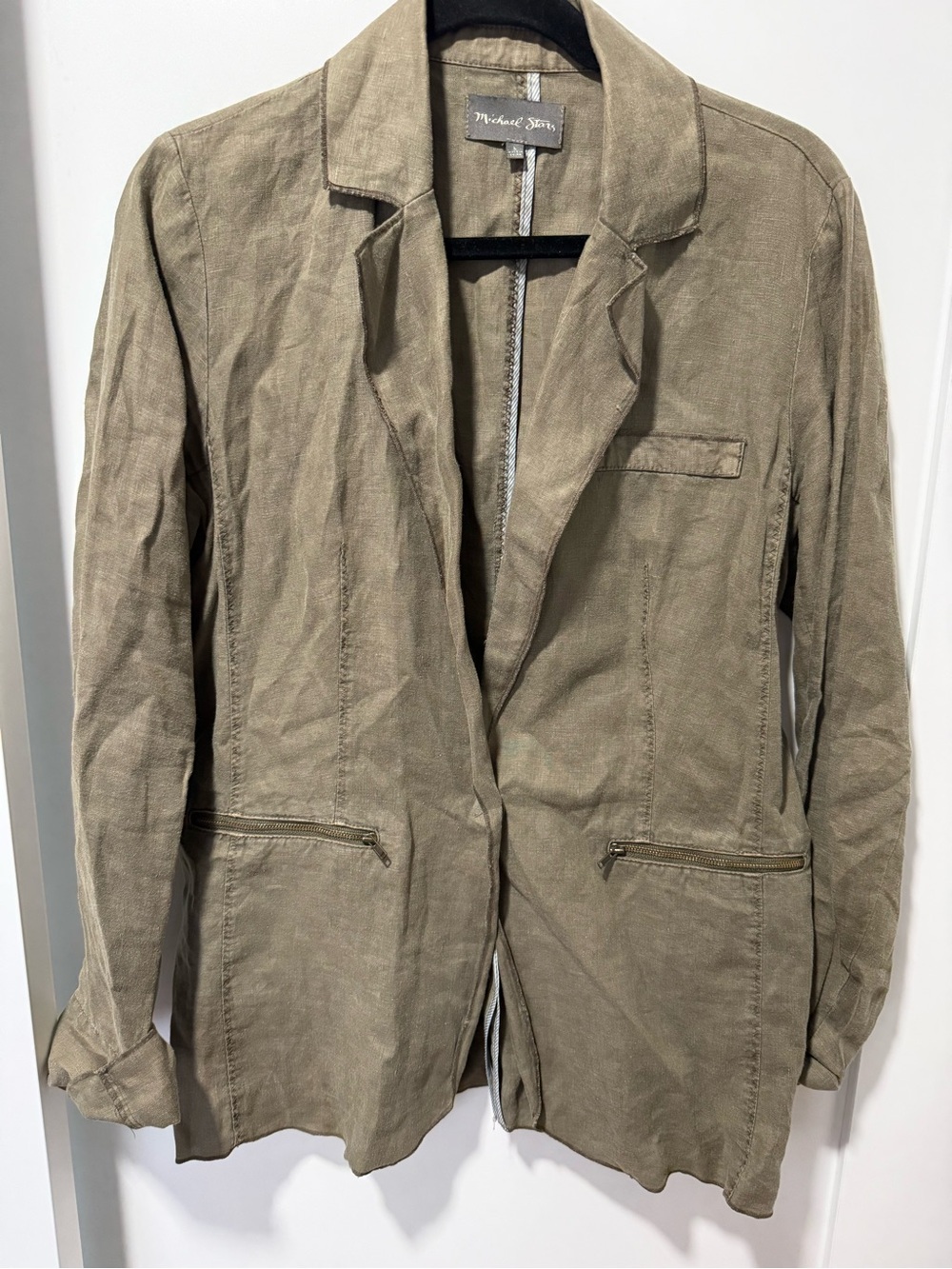 Michael Stars Olive Utility-Style Linen Blend Blazer Jacket